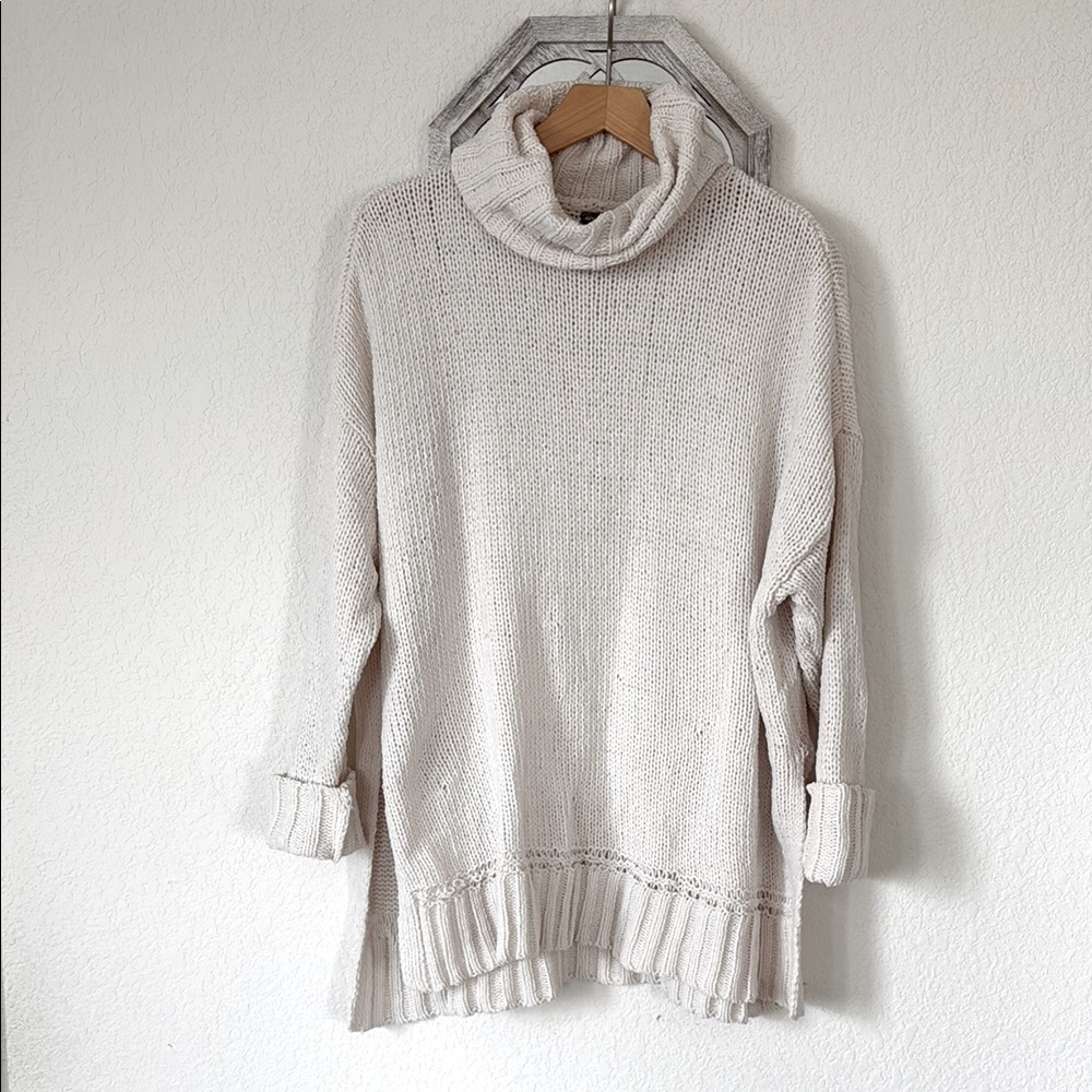 Aerie • Cream Chenille Cowl Neck Oversized Tunic Sweater Ribbed Hem